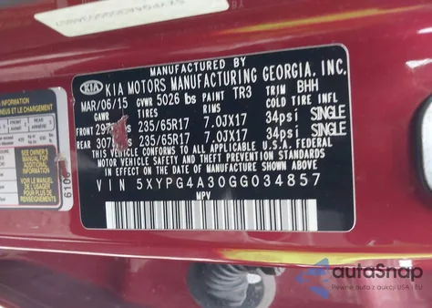 2016 Kia Sorento 2.4L Lx z USA, uszkodzony, nr VIN 5XYPG4A30GG034857